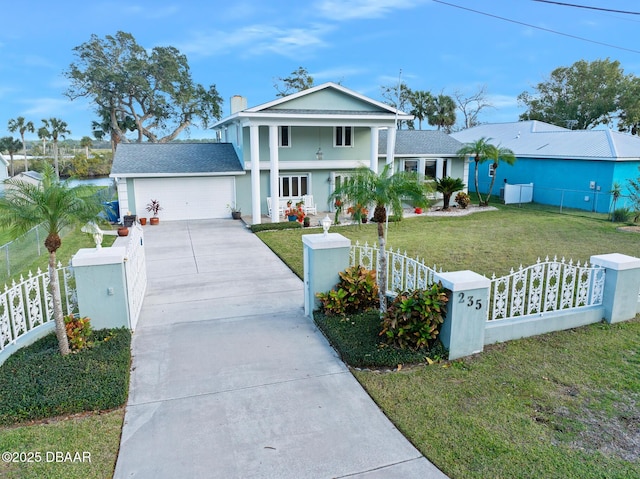 neoclassical home featuring a garage