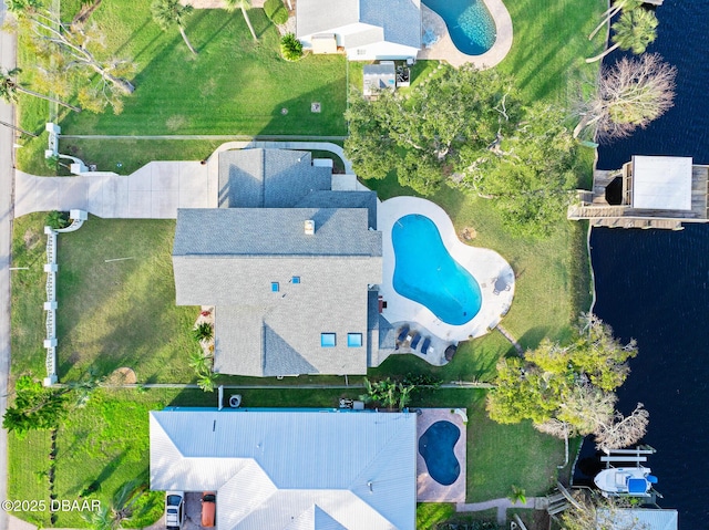 drone / aerial view featuring a water view