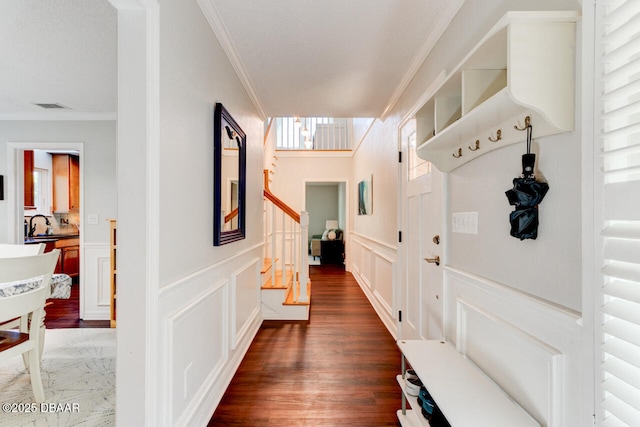 mudroom featuring ornamental molding, dark wood-type flooring, a decorative wall, and visible vents