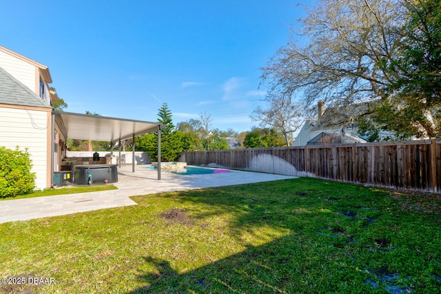 view of yard featuring a fenced backyard, a fenced in pool, and a patio