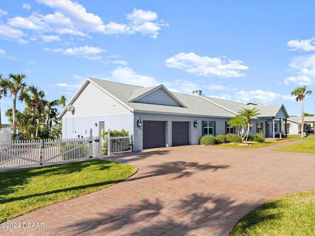 ranch-style house with a front yard and a garage