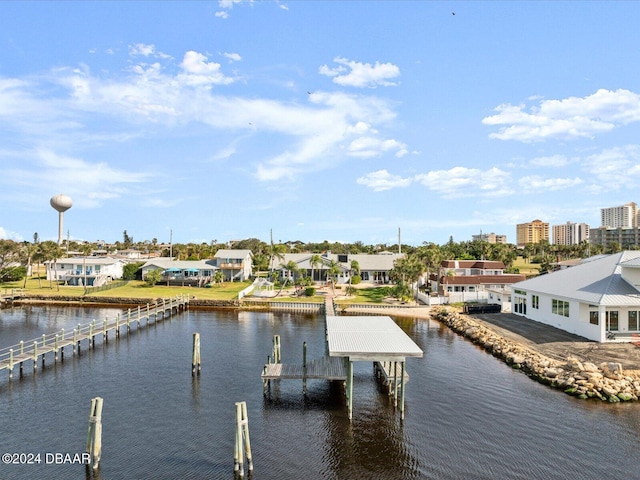 view of dock with a water view