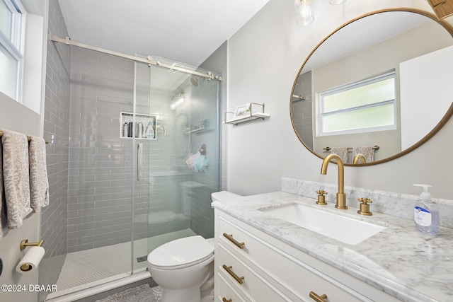 bathroom with toilet, vanity, and a shower with shower door