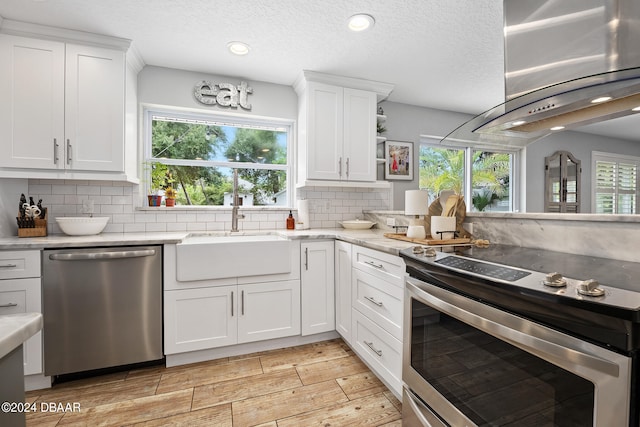 kitchen featuring white cabinets, appliances with stainless steel finishes, a healthy amount of sunlight, and tasteful backsplash