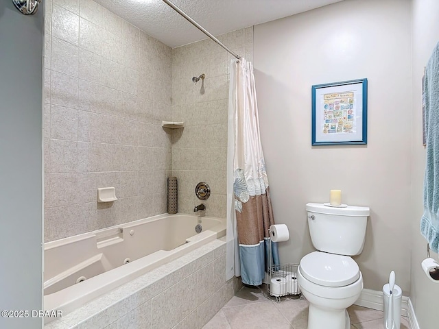 full bath featuring tile patterned floors, baseboards, toilet, and a combined bath / shower with jetted tub