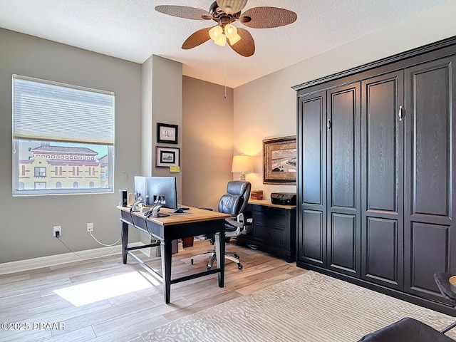 office area featuring a textured ceiling, light wood-style floors, and ceiling fan