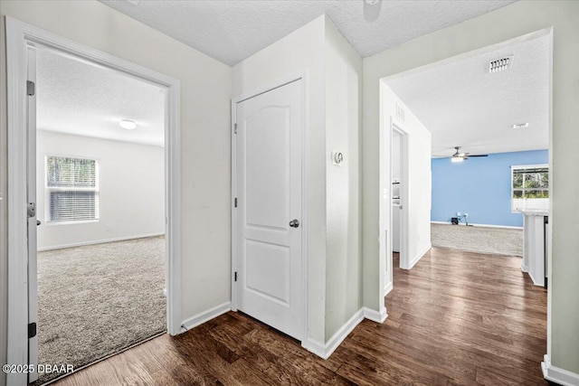 corridor featuring dark hardwood / wood-style flooring and a textured ceiling