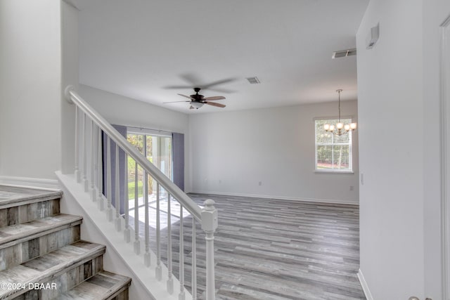 staircase with hardwood / wood-style flooring, ceiling fan with notable chandelier, and plenty of natural light