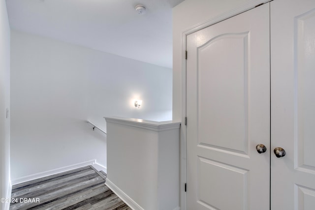 stairway with hardwood / wood-style flooring