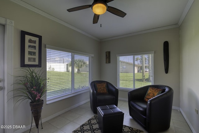 29 Concord Dr, Ormond Beach, FL 32176 - living area featuring crown molding, light tile patterned flooring, and ceiling fan