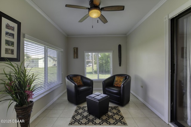 29 Concord Dr, Ormond Beach, FL 32176 - living area with crown molding, light tile patterned floors, and a ceiling fan
