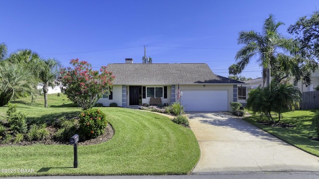 29 Concord Dr, Ormond Beach, FL 32176 - ranch-style home featuring an attached garage, driveway, stucco siding, roof with shingles, and a chimney