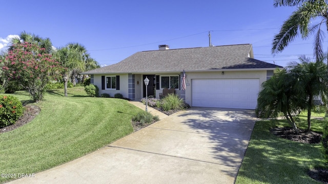 29 Concord Dr, Ormond Beach, FL 32176 - ranch-style house featuring stucco siding, driveway, a garage, a front yard, and a shingled roof
