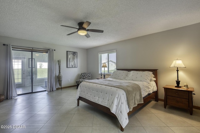 29 Concord Dr, Ormond Beach, FL 32176 - bedroom featuring access to exterior, light tile patterned floors, a ceiling fan, and a textured ceiling