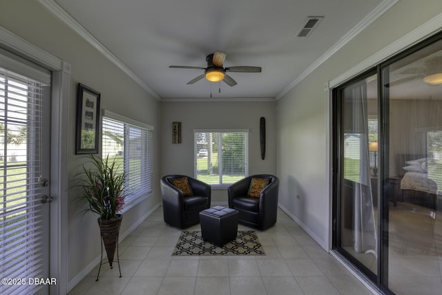 29 Concord Dr, Ormond Beach, FL 32176 - living area with a ceiling fan, light tile patterned floors, and ornamental molding