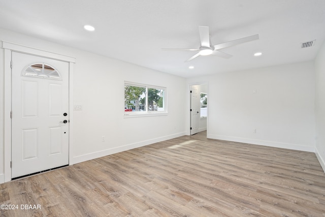 entryway with light wood-type flooring and ceiling fan