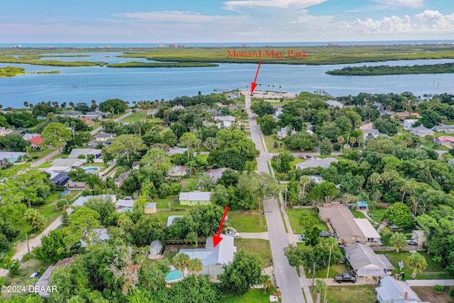 aerial view featuring a water view