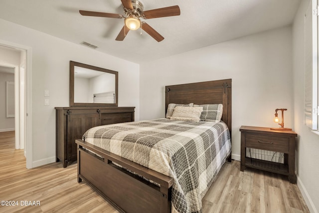 bedroom featuring ceiling fan and light hardwood / wood-style flooring