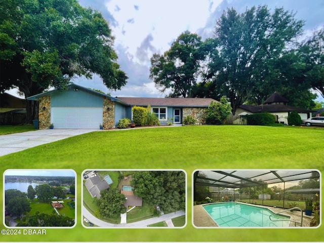 view of front of home with a fenced in pool, a garage, and a front lawn