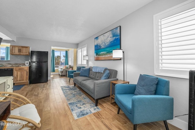 living room featuring light wood-style floors and baseboards