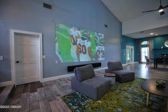 1948 Spruce Creek Lndg, Port Orange, FL 32128 - living area featuring a ceiling fan, high vaulted ceiling, wood finished floors, and visible vents