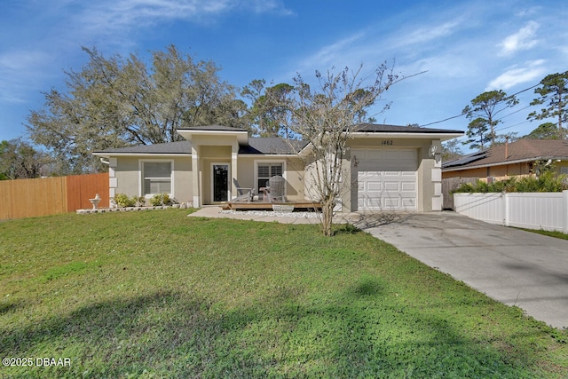 ranch-style house with concrete driveway, fence, an attached garage, and stucco siding