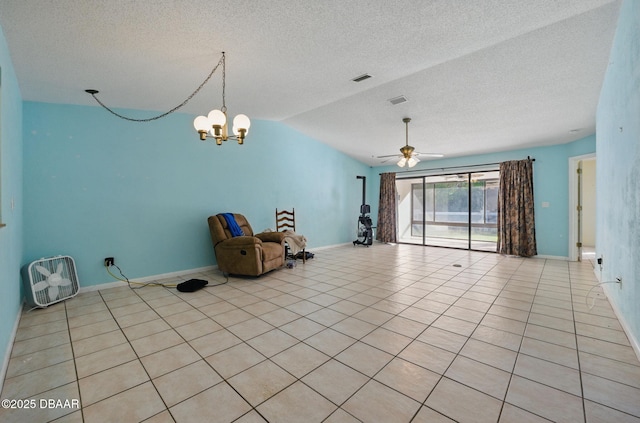 10 Lake Forest Cir N, Palm Coast, FL 32137 - unfurnished room with baseboards, vaulted ceiling, light tile patterned floors, a textured ceiling, and ceiling fan with notable chandelier