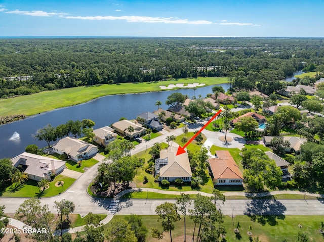bird's eye view featuring a residential view, view of golf course, and a water view