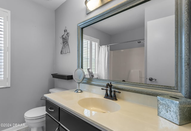 bathroom with vanity, toilet, and a shower with curtain