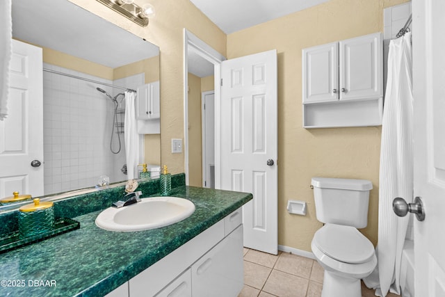 full bathroom with toilet, tile patterned flooring, shower / tub combo, and vanity