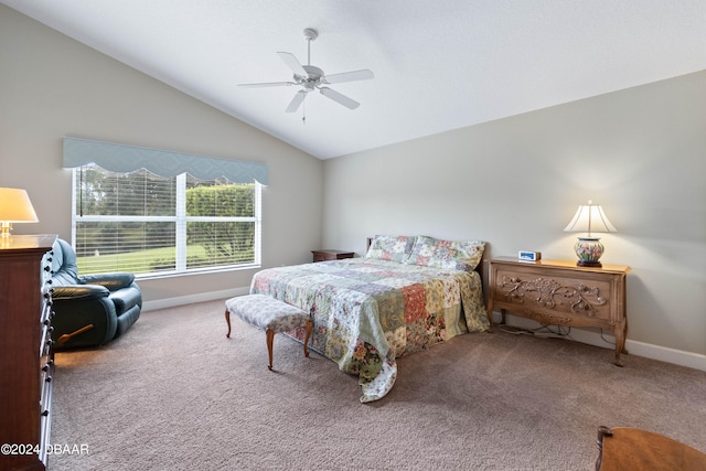 bedroom featuring carpet flooring, ceiling fan, and vaulted ceiling