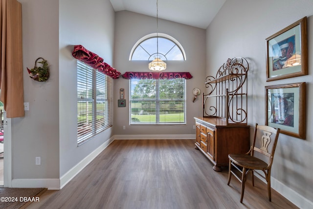 interior space with plenty of natural light, light wood-type flooring, and high vaulted ceiling