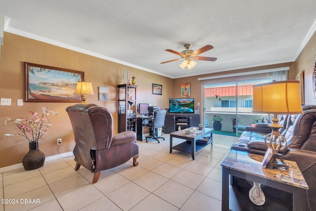 2801 N Halifax Ave N Unit 238, Daytona Beach, FL 32118 - living room with ceiling fan, light tile patterned floors, an office area, a textured ceiling, and crown molding