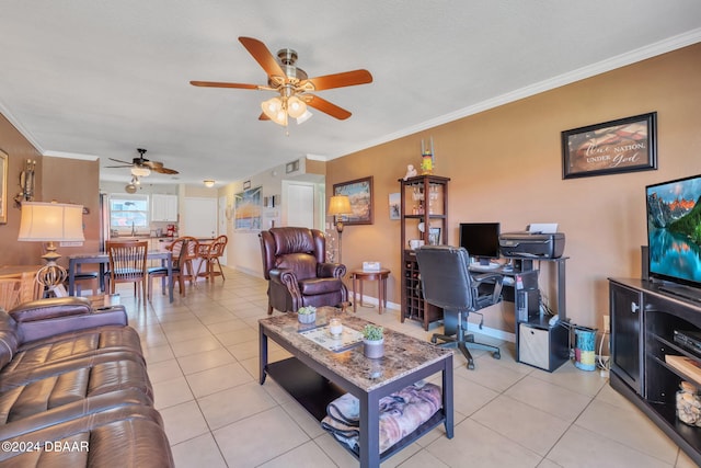 2801 N Halifax Ave N Unit 238, Daytona Beach, FL 32118 - living room with a ceiling fan, an office area, light tile patterned floors, and crown molding