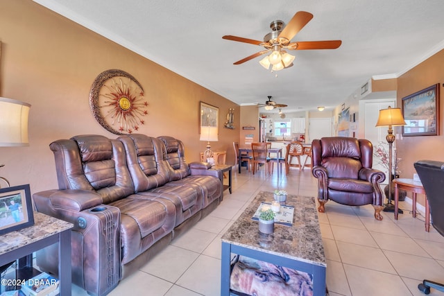 2801 N Halifax Ave N Unit 238, Daytona Beach, FL 32118 - living area with a ceiling fan, ornamental molding, and light tile patterned floors