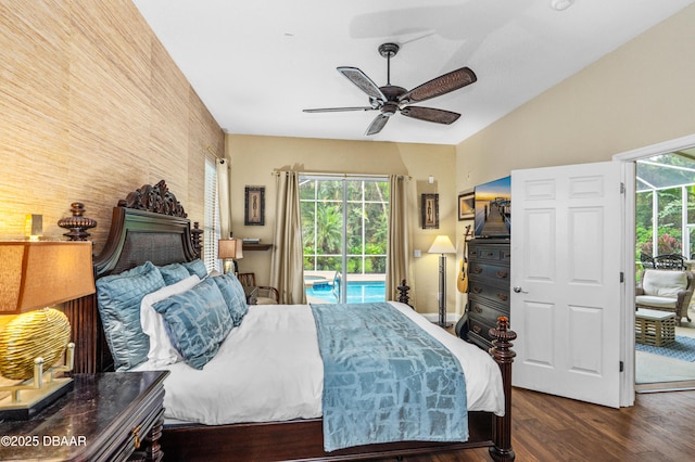 1324 Munster Cir, Ormond Beach, FL 32174 - bedroom featuring access to exterior, wood finished floors, ceiling fan, and vaulted ceiling
