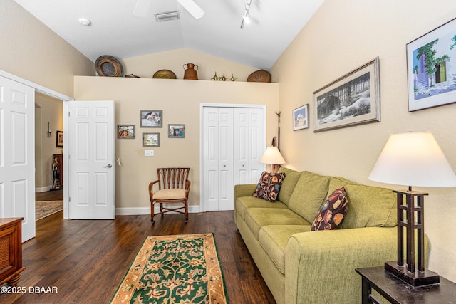 1324 Munster Cir, Ormond Beach, FL 32174 - living room featuring vaulted ceiling, wood finished floors, and a ceiling fan