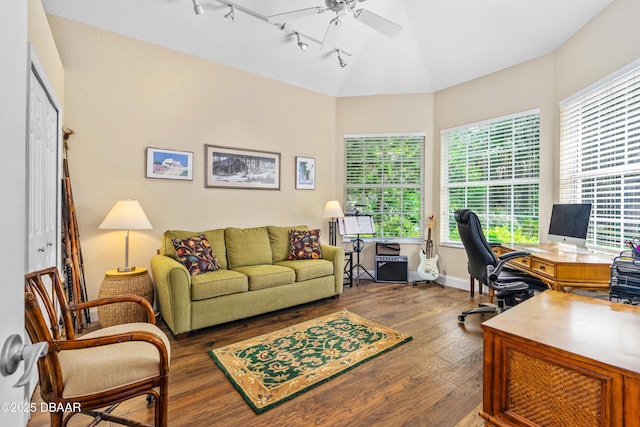 1324 Munster Cir, Ormond Beach, FL 32174 - office with rail lighting, wood-type flooring, and a ceiling fan