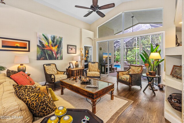 1324 Munster Cir, Ormond Beach, FL 32174 - living area featuring hardwood / wood-style floors, a ceiling fan, and high vaulted ceiling