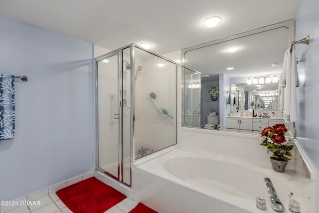 full bathroom with toilet, vanity, shower with separate bathtub, and tile patterned floors