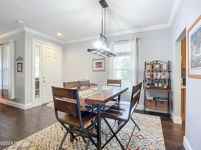 dining room featuring crown molding and dark wood-type flooring