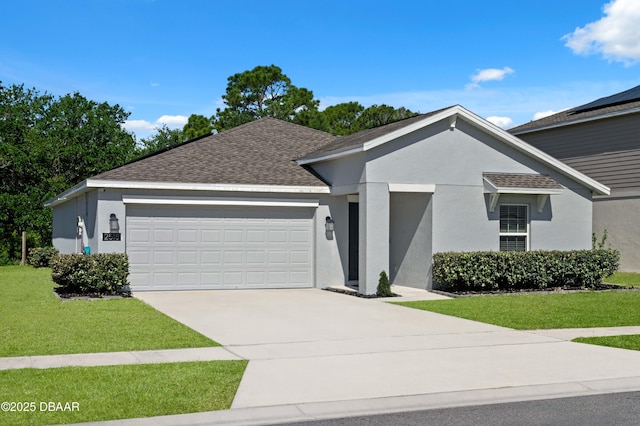 2518 Hoptree Ln, Edgewater, FL 32141 - ranch-style home featuring an attached garage, a shingled roof, a front yard, and stucco siding