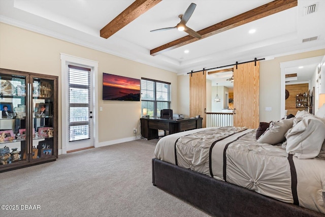 4 Oakview Ct, Palm Coast, FL 32137 - bedroom featuring a barn door, beamed ceiling, carpet, access to exterior, and recessed lighting