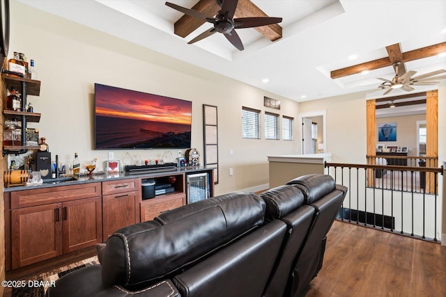 4 Oakview Ct, Palm Coast, FL 32137 - living room featuring dark wood-type flooring, beamed ceiling, wine cooler, bar area, and a tray ceiling