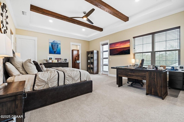 4 Oakview Ct, Palm Coast, FL 32137 - bedroom featuring light carpet, beamed ceiling, an office area, recessed lighting, and a raised ceiling