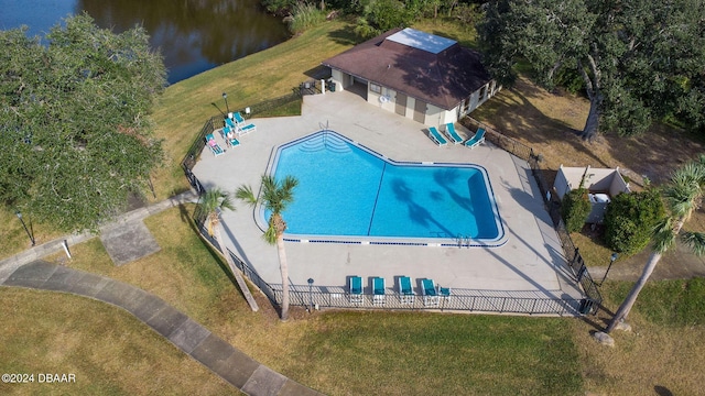 drone / aerial view featuring a water view