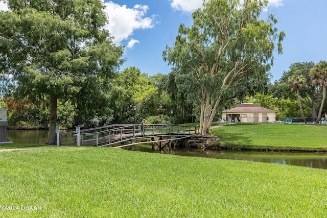 view of yard with a water view