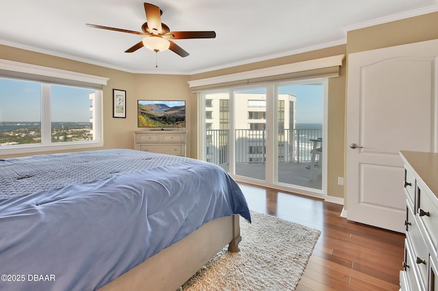 bedroom with access to exterior, crown molding, ceiling fan, and hardwood / wood-style flooring