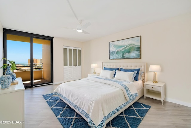 1 Oceans W Blvd Unit 7B5, Daytona Beach, FL 32118 - bedroom featuring light wood finished floors, access to exterior, a ceiling fan, baseboards, and a closet