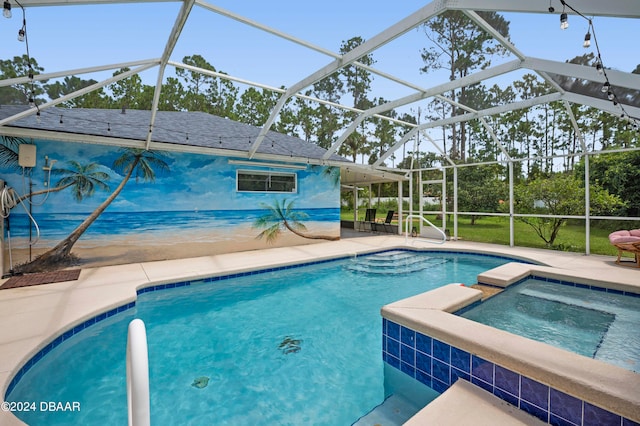 view of pool featuring glass enclosure, a patio area, and an in ground hot tub